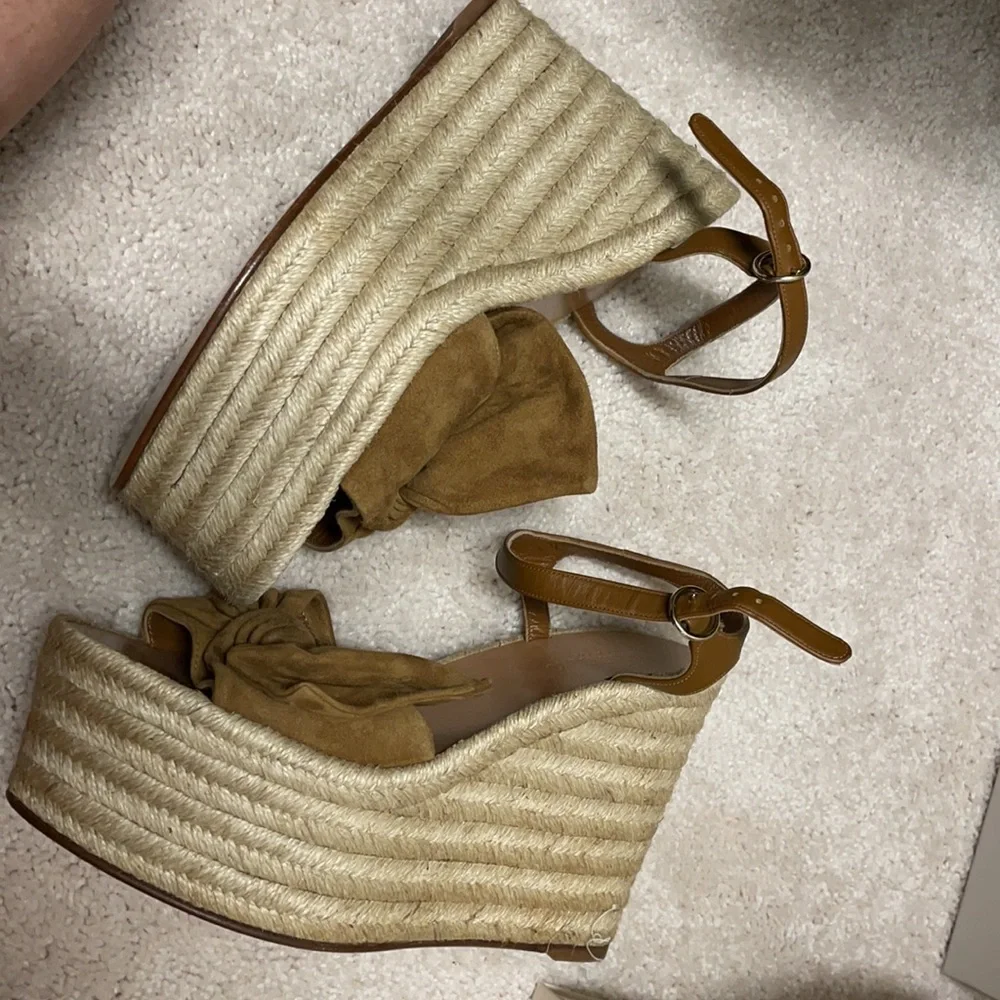 Valentino Garavani Tan Suede Bow Wedge Sandals